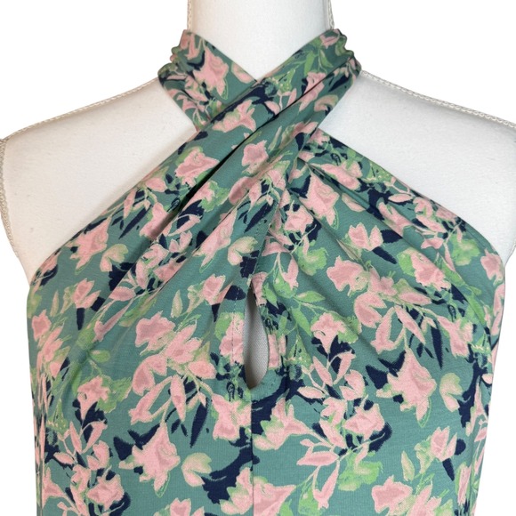 Pact Organic Cotton Floral Halter Maxi Dress Green Pink XL Cross Front Pockets - Picture 2 of 12